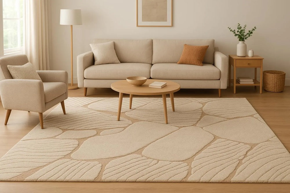 Hand Tufted Wool Area Rug: Beige Stone-Inspired Texture