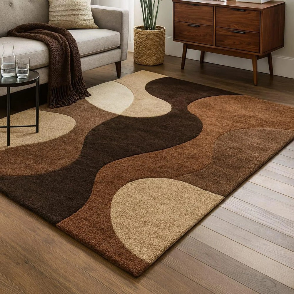 Brown Abstract Wavy Rug – Hand Tufted Wool Carpet for Living Room Decor