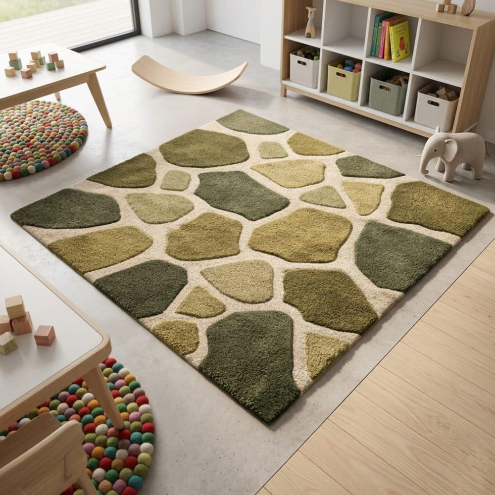 Gender Neutral Playroom Rug, Biophilic Stone Pattern Decor, High-Low Pile Moss Green Wool Kids Rug