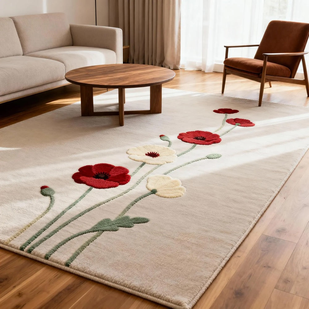 Hand-Tufted Wool Rug: Modern Beige Carpet with Red & Cream Flowers