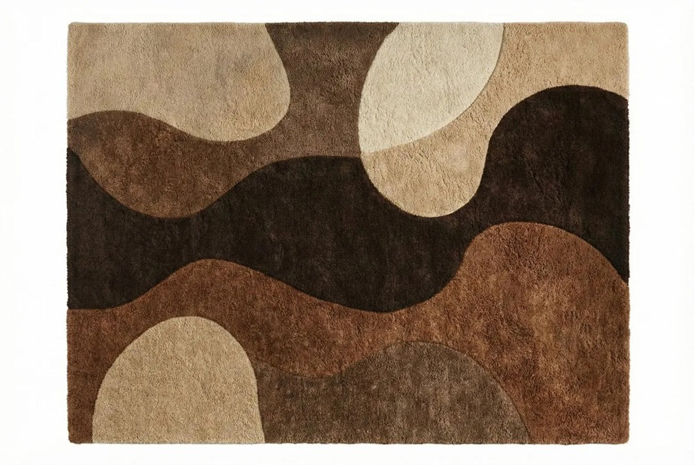 Brown Abstract Wavy Rug – Hand Tufted Wool Carpet for Living Room Decor