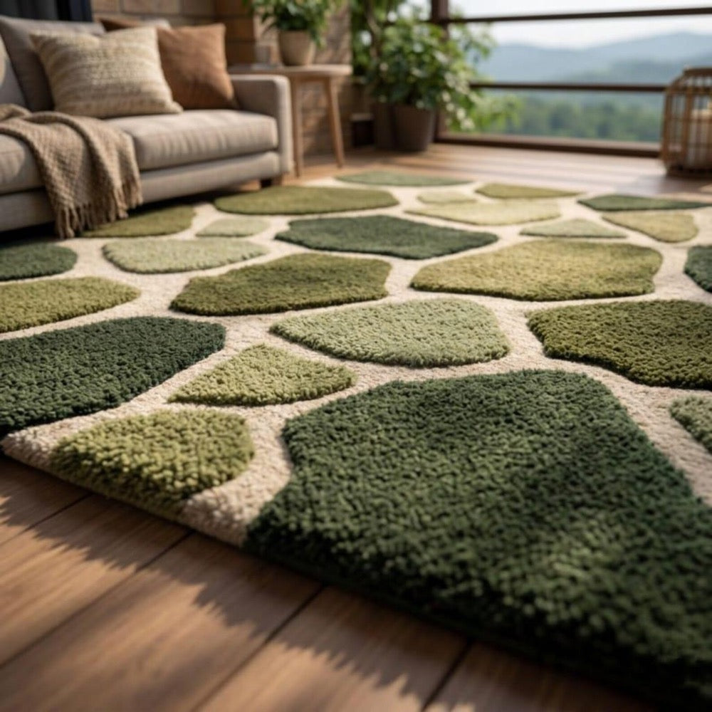 Gender Neutral Playroom Rug, Biophilic Stone Pattern Decor, High-Low Pile Moss Green Wool Kids Rug