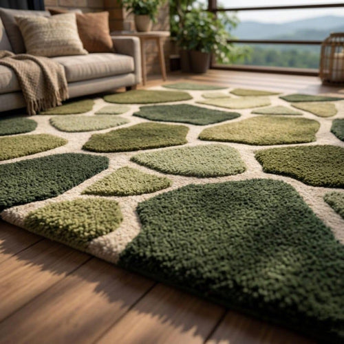 Gender Neutral Playroom Rug, Biophilic Stone Pattern Decor, High-Low Pile Moss Green Wool Kids Rug