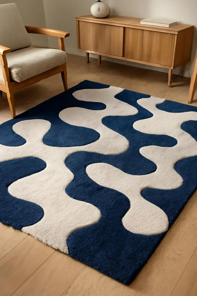 Hand-Tufted Wool Area Rug: Modern Wavy Blue & Ivory Design