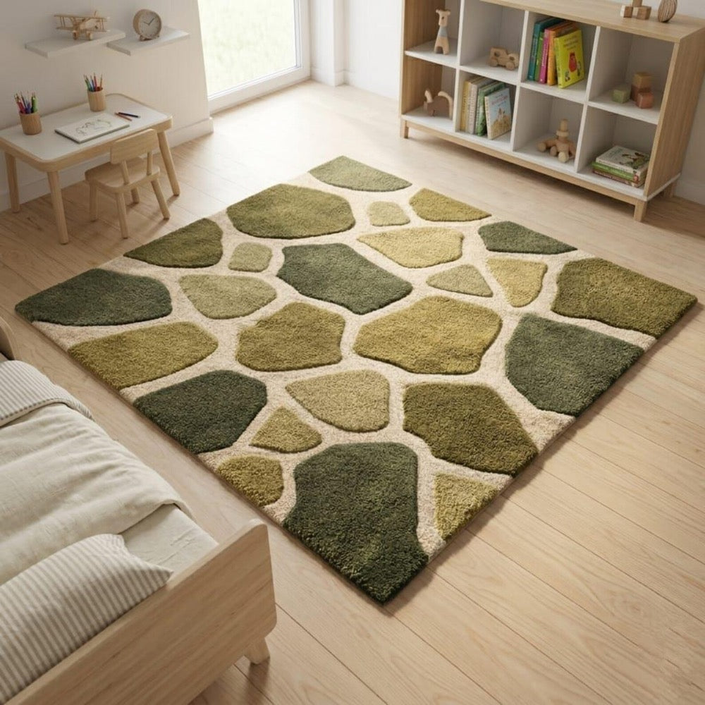 Gender Neutral Playroom Rug, Biophilic Stone Pattern Decor, High-Low Pile Moss Green Wool Kids Rug