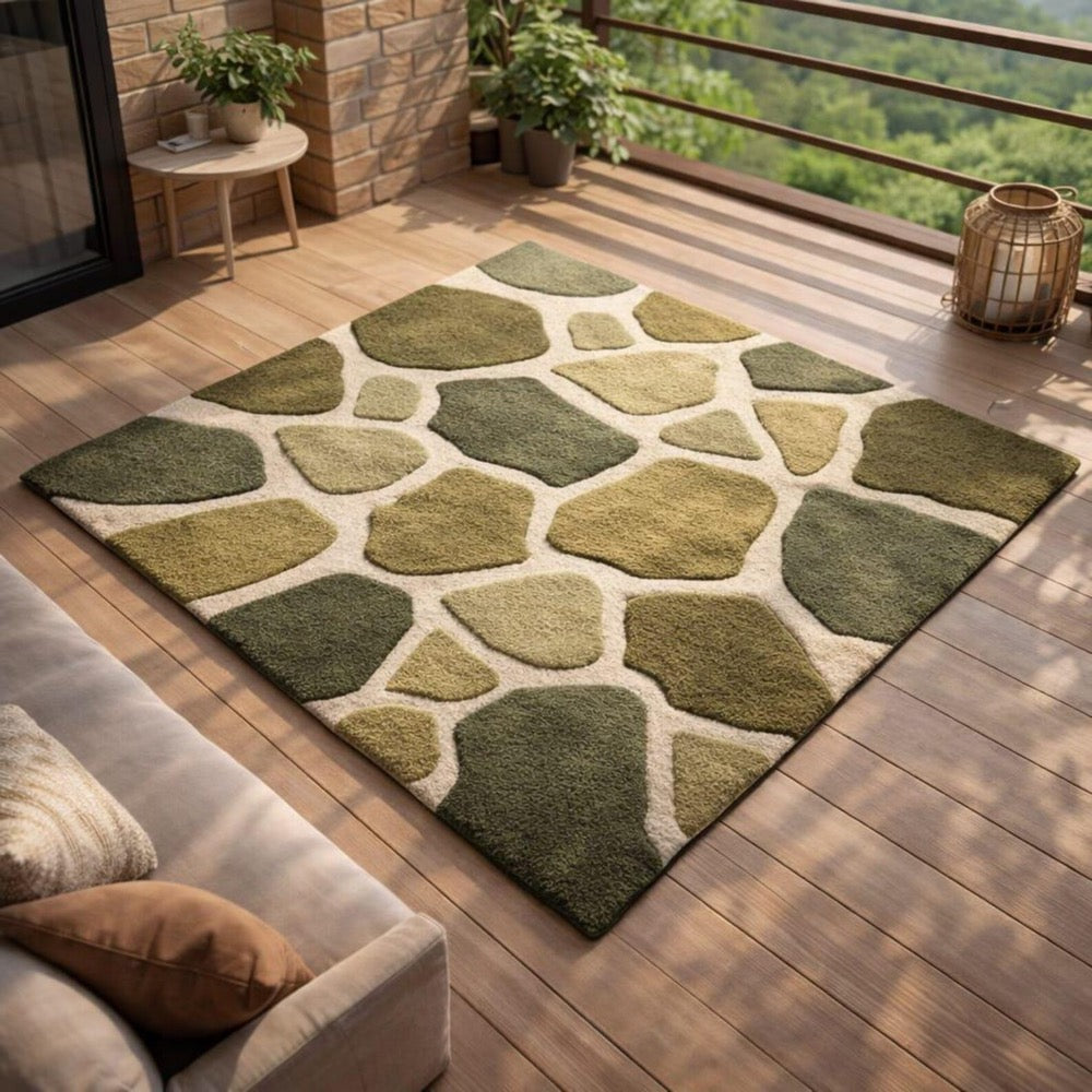 Gender Neutral Playroom Rug, Biophilic Stone Pattern Decor, High-Low Pile Moss Green Wool Kids Rug