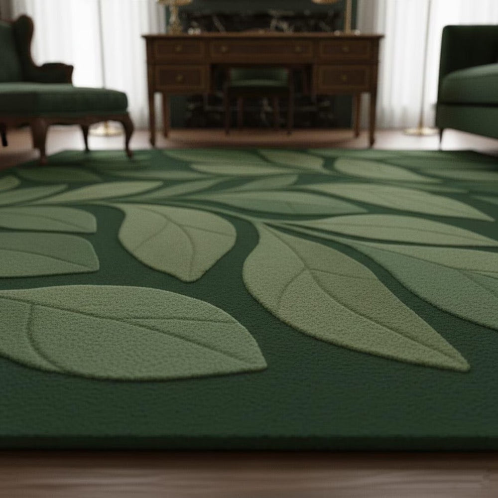 Hand Tufted Wool Rug, Modern Green Leaf Botanical Design