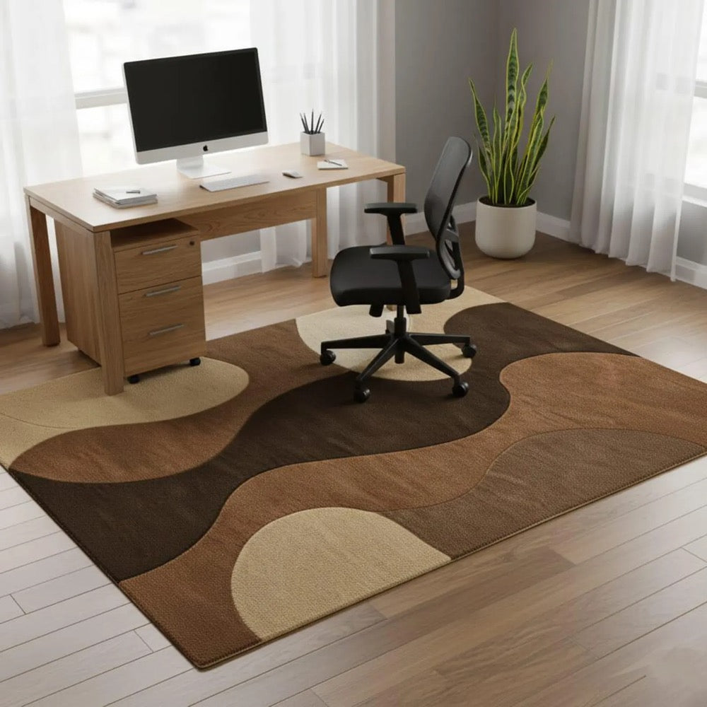 Brown Abstract Wavy Rug – Hand Tufted Wool Carpet for Living Room Decor