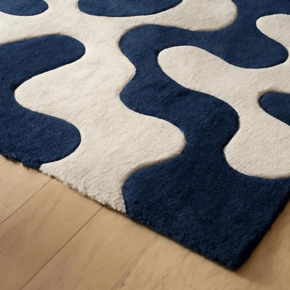 Hand-Tufted Wool Area Rug: Modern Wavy Blue & Ivory Design