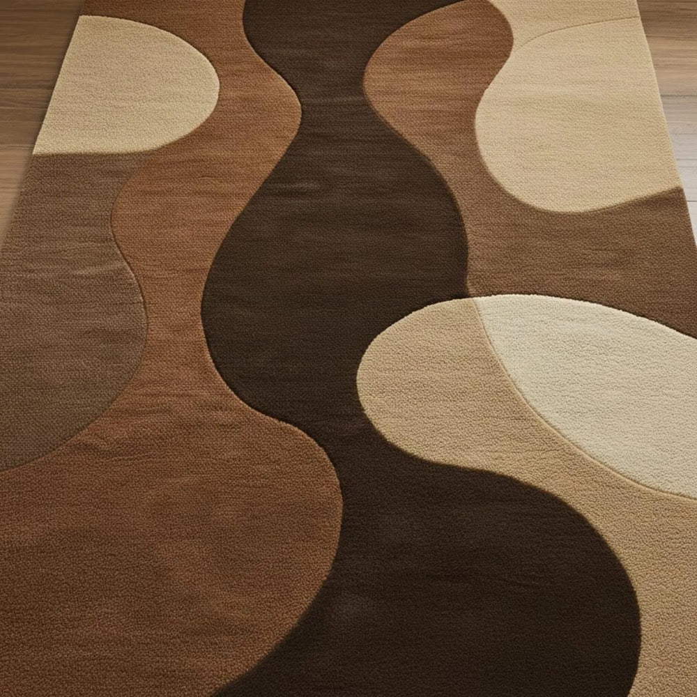 Brown Abstract Wavy Rug – Hand Tufted Wool Carpet for Living Room Decor