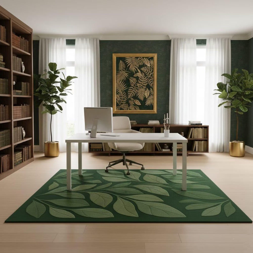 Hand Tufted Wool Rug, Modern Green Leaf Botanical Design