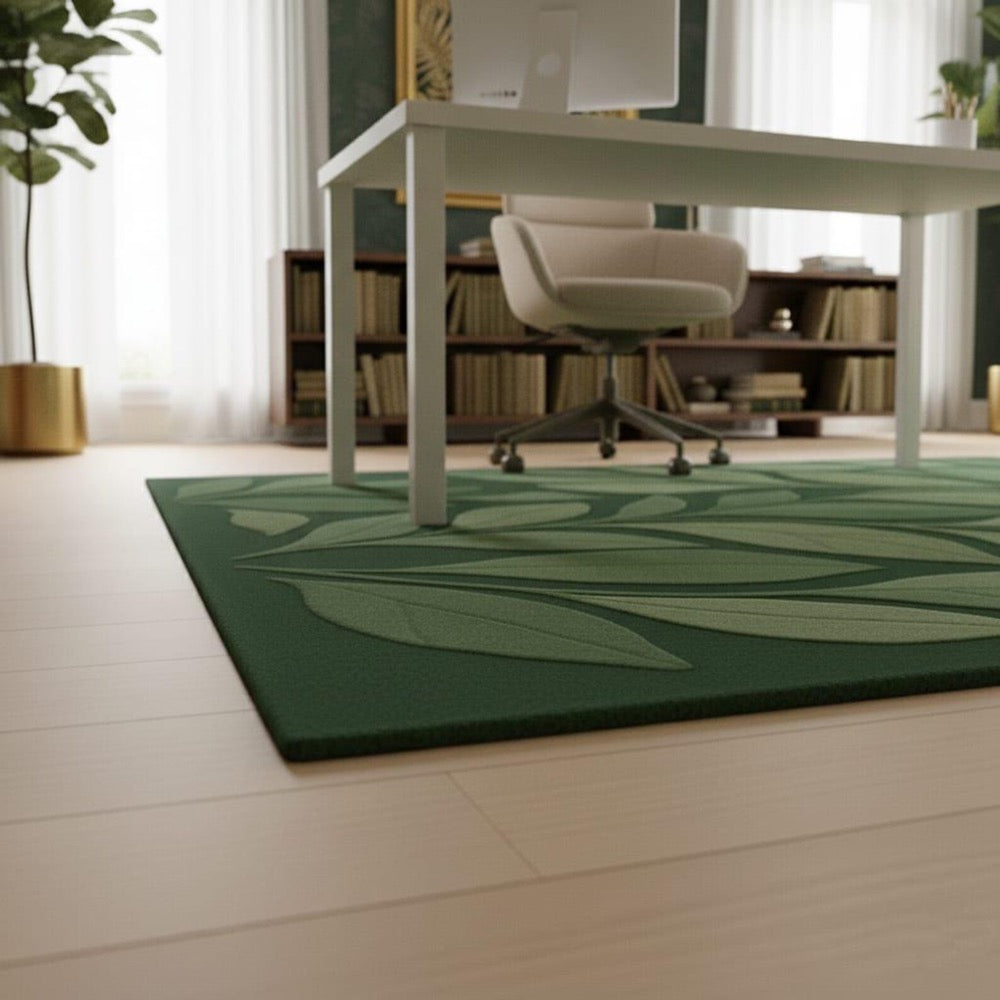 Hand Tufted Wool Rug, Modern Green Leaf Botanical Design