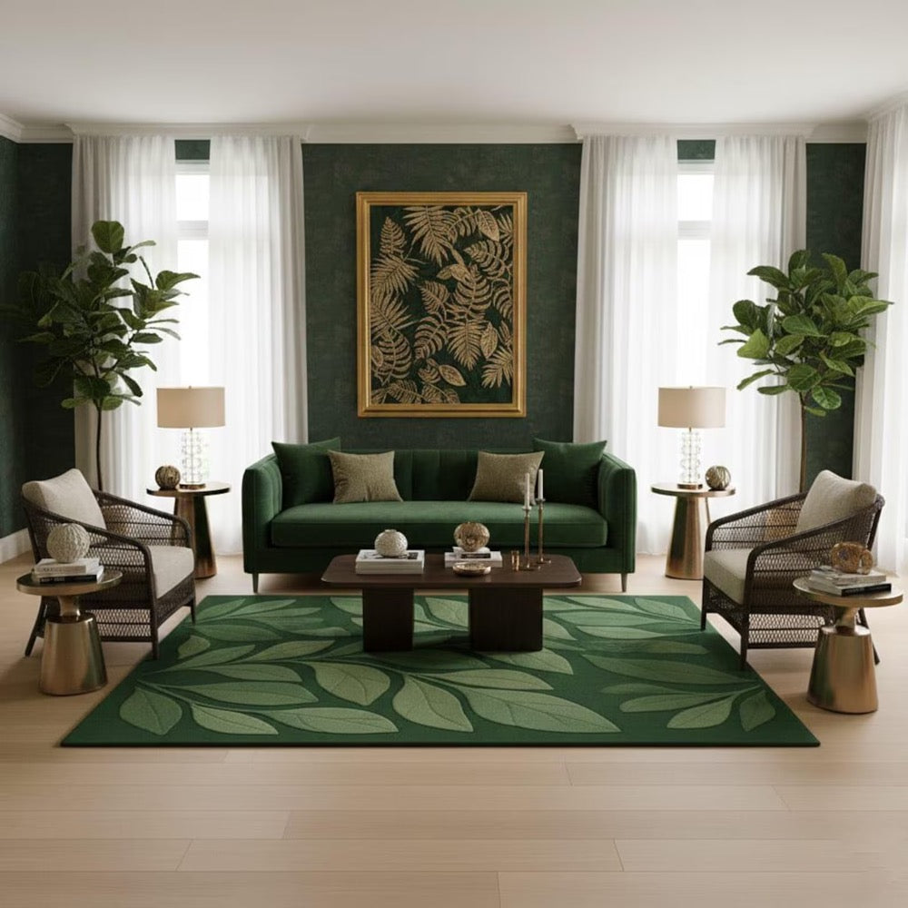 Hand Tufted Wool Rug, Modern Green Leaf Botanical Design
