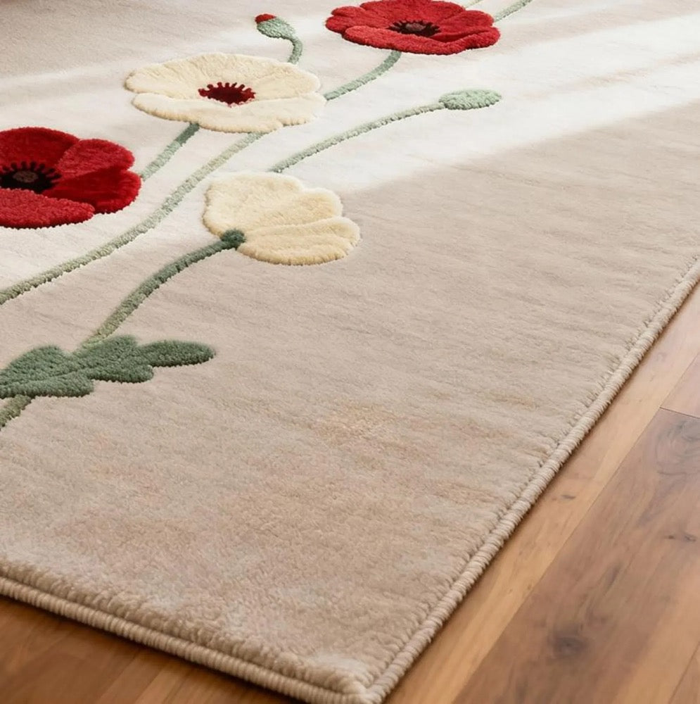 Hand-Tufted Wool Rug: Modern Beige Carpet with Red & Cream Flowers