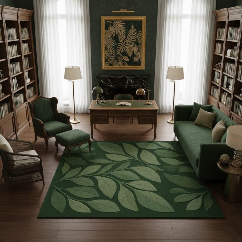 Hand Tufted Wool Rug, Modern Green Leaf Botanical Design
