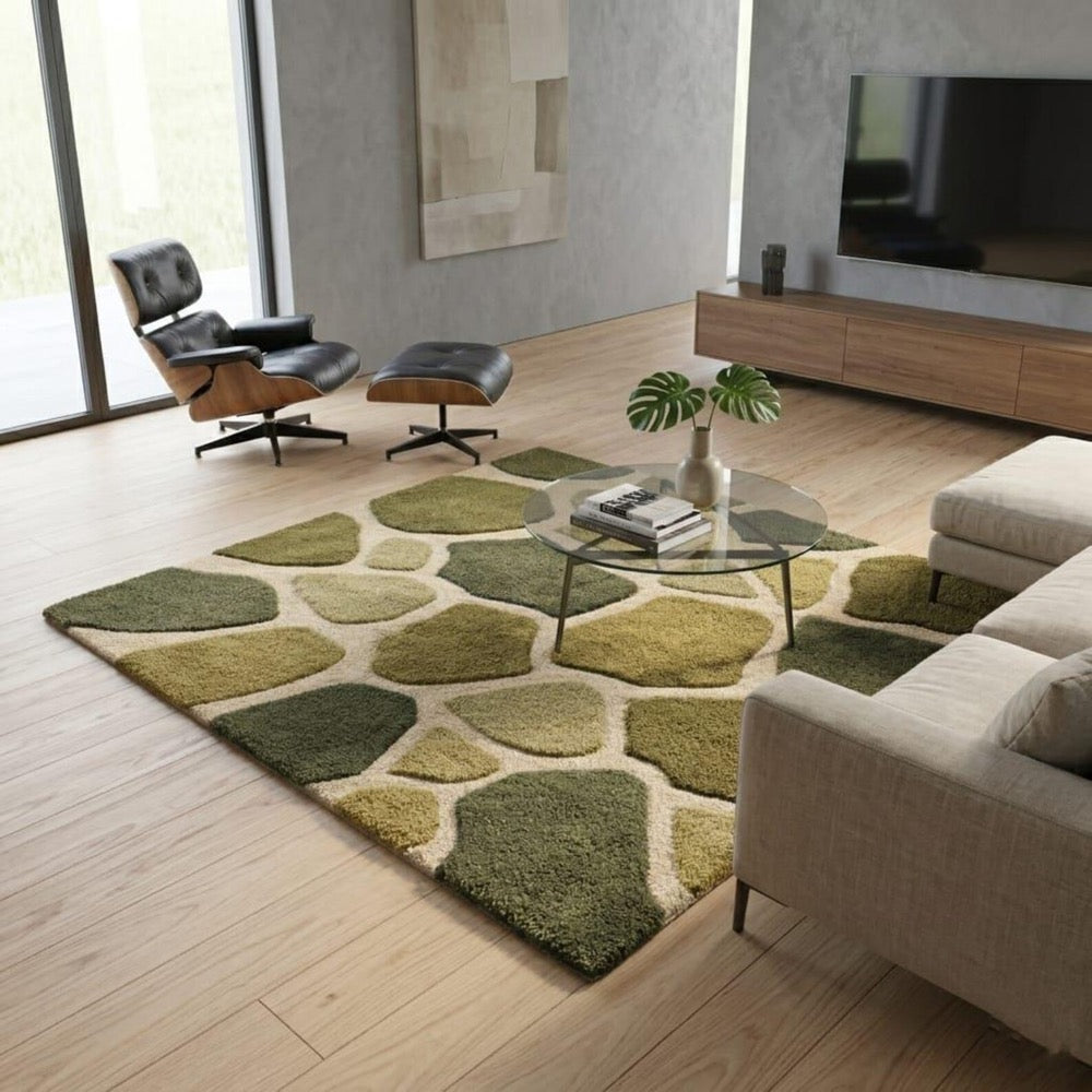 Gender Neutral Playroom Rug, Biophilic Stone Pattern Decor, High-Low Pile Moss Green Wool Kids Rug