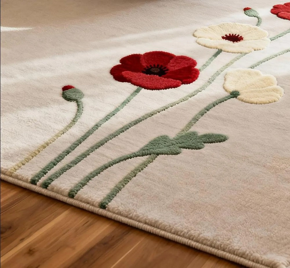 Hand-Tufted Wool Rug: Modern Beige Carpet with Red & Cream Flowers